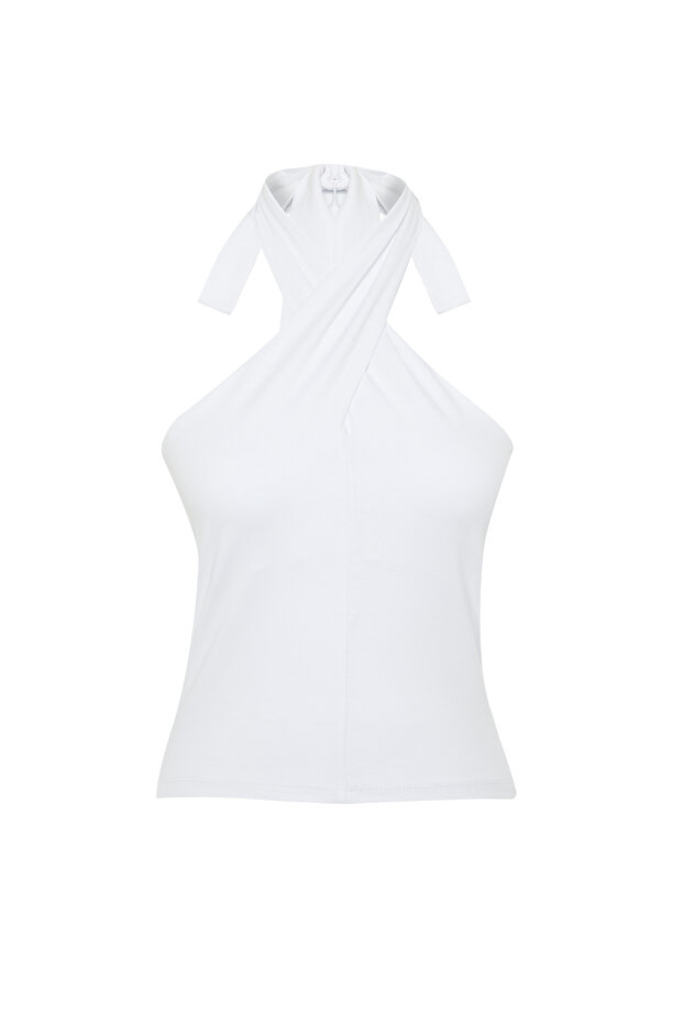 Beyaz Boyundan Bağlamalı Fitted/Vücuda Oturan Esnek Örme Bluz TWOSS24BZ00459 - 7