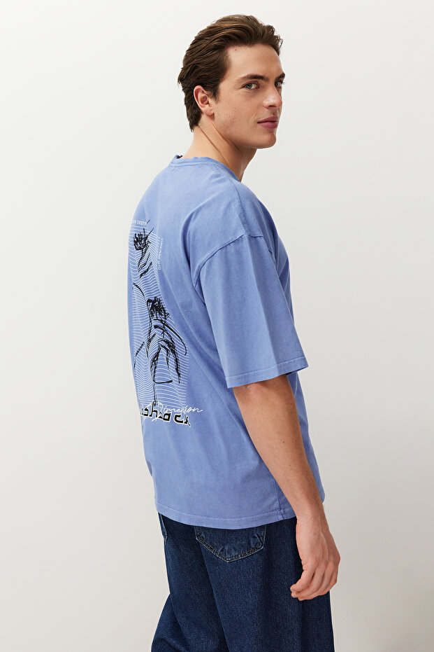 Lila Oversize/Geniş Kesim Eskitme/Soluk Efektli Tok Kumaş T-shirt TMNSS24TS00192 - 3