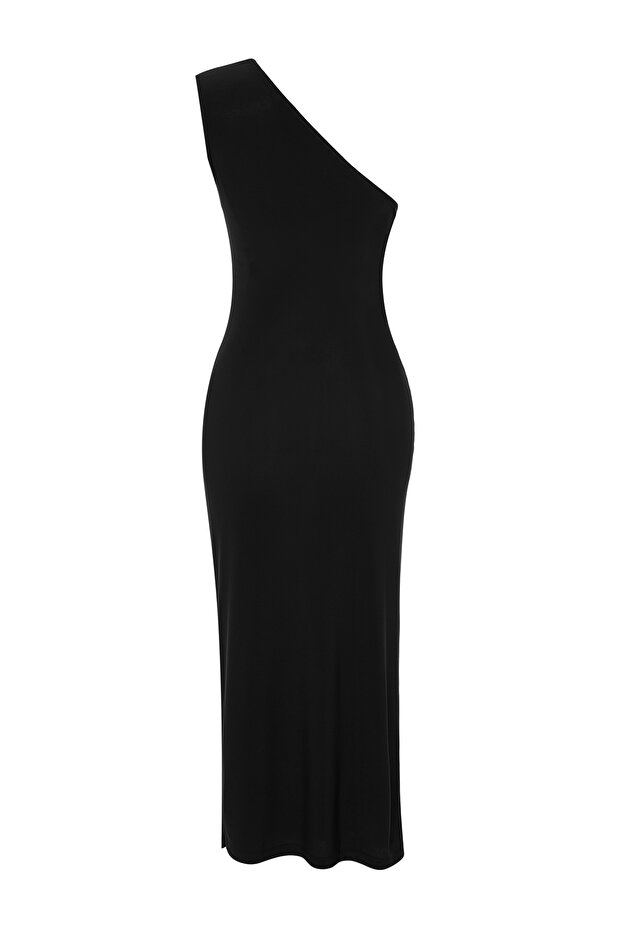 Siyah Tek Omuzlu Drapeli Fitted/Vücuda Oturan Esnek Örme Midi Kalem Elbise TWOSS24EL00100 - 8