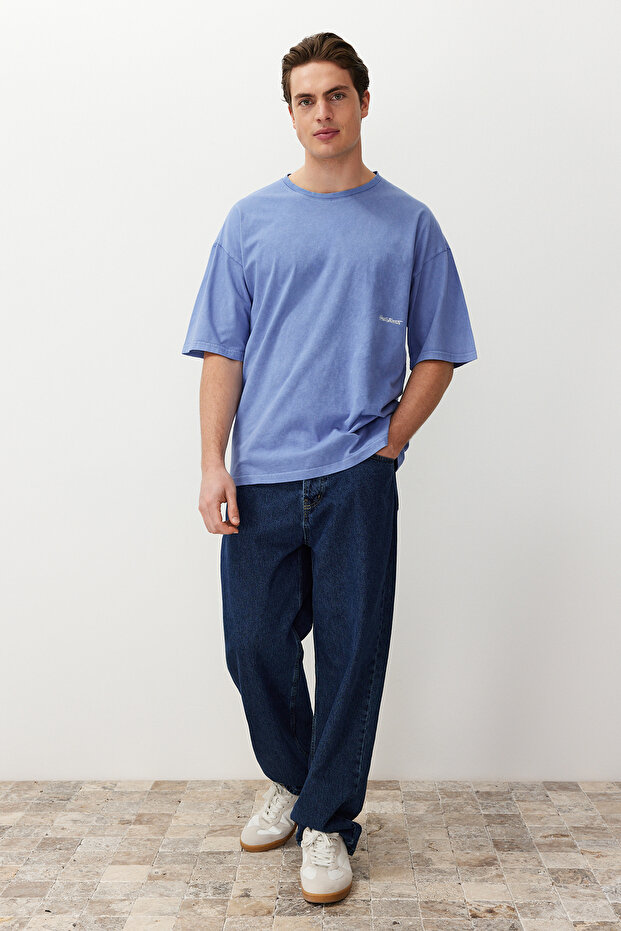 Lila Oversize/Geniş Kesim Eskitme/Soluk Efektli Tok Kumaş T-shirt TMNSS24TS00192 - 1