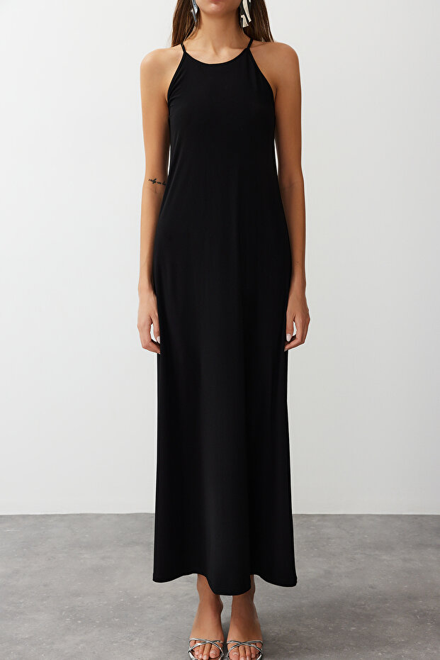 Siyah Soyut Halter Yaka A-line/Çan Açılan Esnek Maxi Örme Kalem Elbise TWOSS24EL00558 - 11