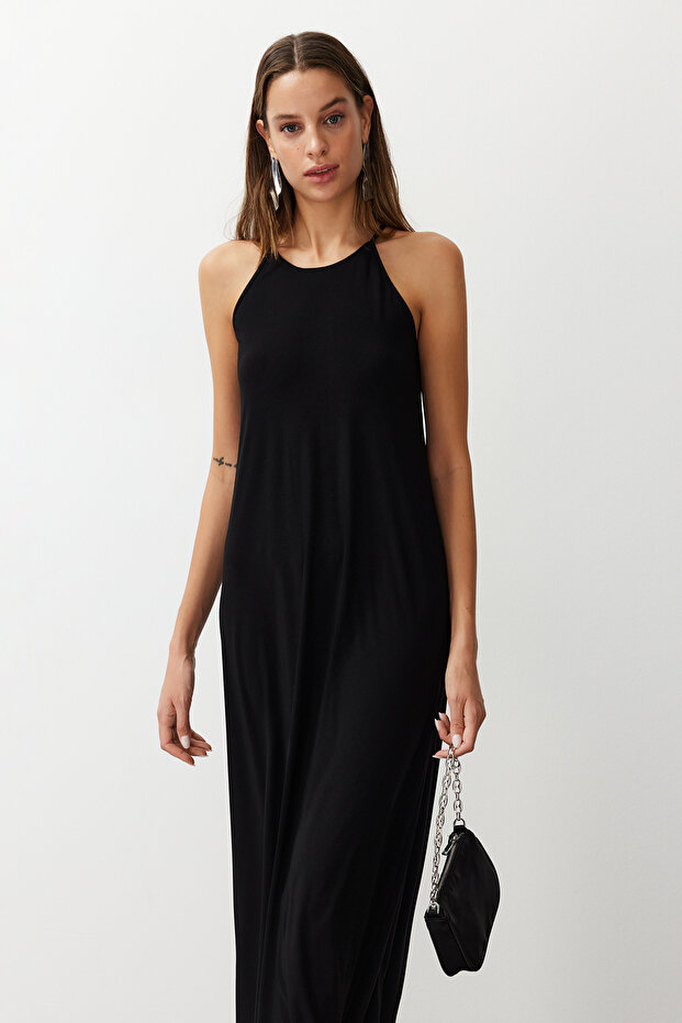 Siyah Soyut Halter Yaka A-line/Çan Açılan Esnek Maxi Örme Kalem Elbise TWOSS24EL00558 - 8