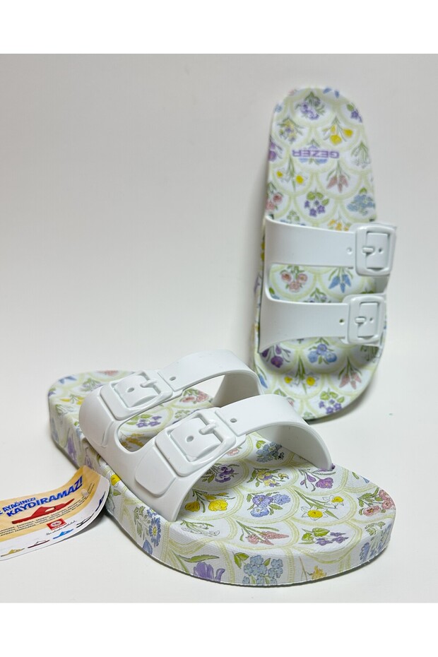 CSÚSZÁSMENTES ANATÓMIAI TALP FEHÉR DUPLAS SZALAG CSAT NÉLKÜLI NŐI HÁZI UTCA ÉS NEDVES PADLÓPAPUCS - 1