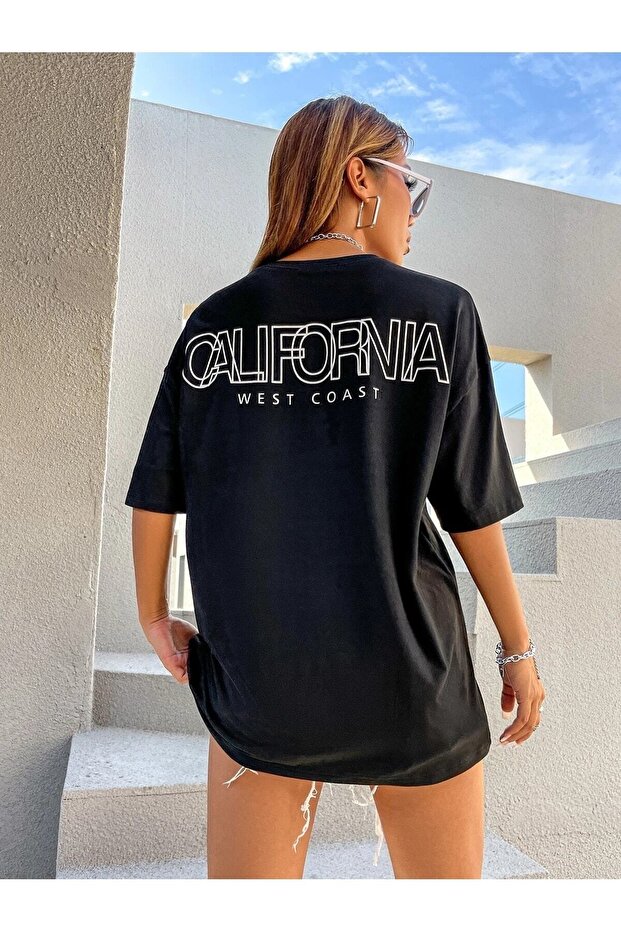 تي شيرت أسود كبير الحجم مطبوع عليه West Coast كاجوال Boyfirend