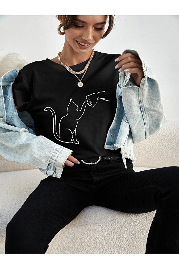 Cat Printed Women's Oversize Salas T-shirt Boyfriend