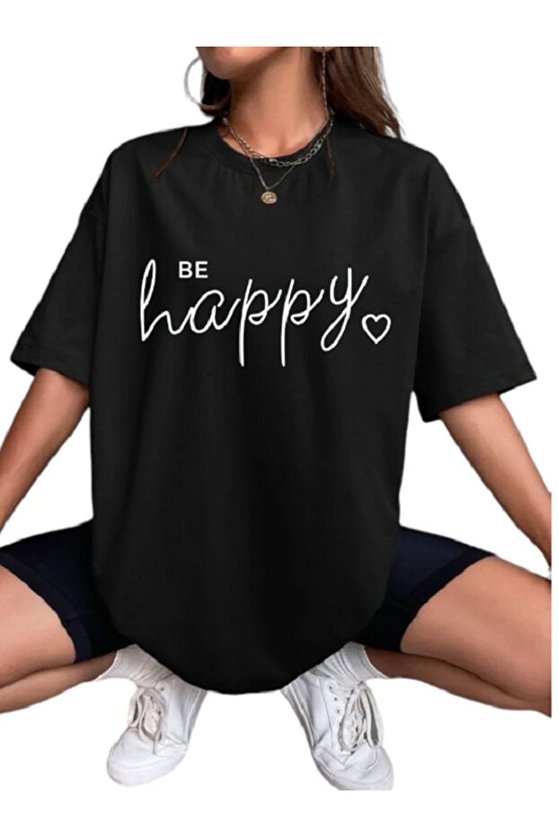 Be Happy Text Printed Oversize Black T-shirt