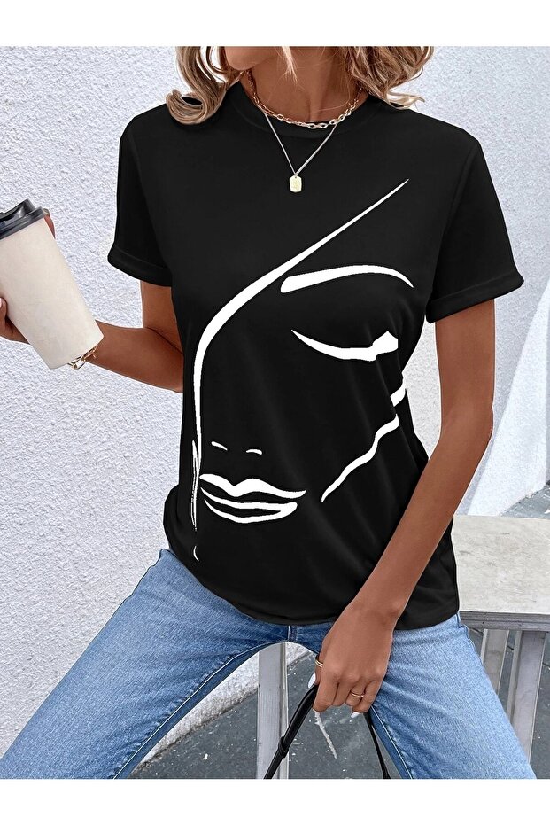 Face Printed Women's Oversize Black Salas T-shirt Boyfriend