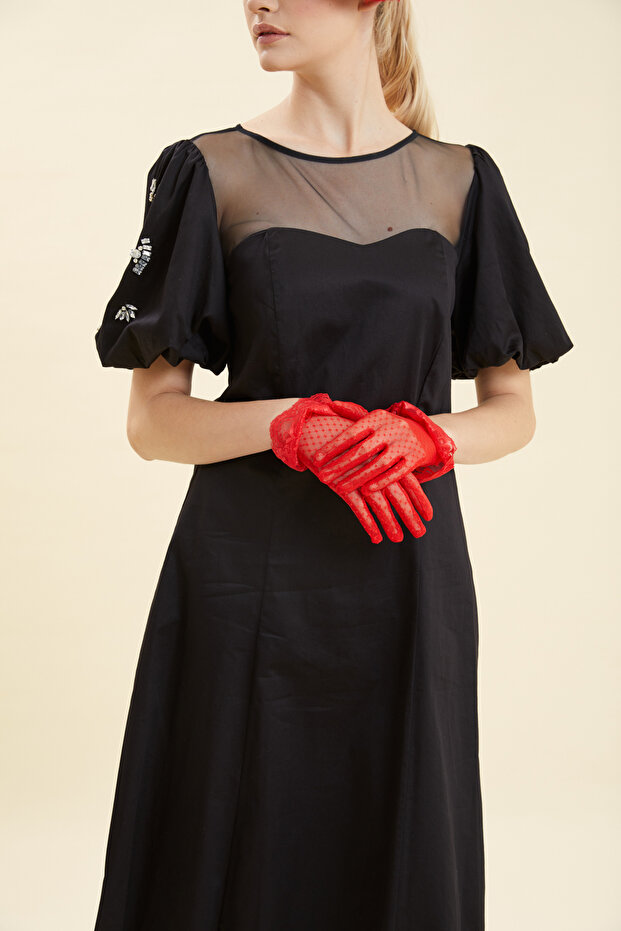 KOLLARI TAŞ İŞLEMELİ ELBİSE - 2