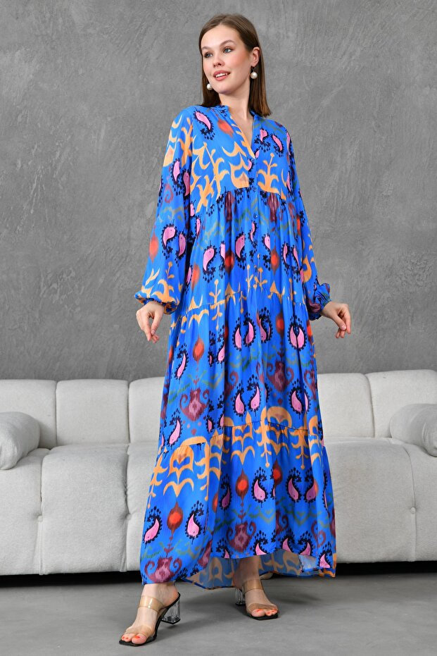 Blue Ethnic Patterned Buttoned Prevailing Collar Balloon Sleeve Midi Length Wide Flared Cut Summer Dress 036