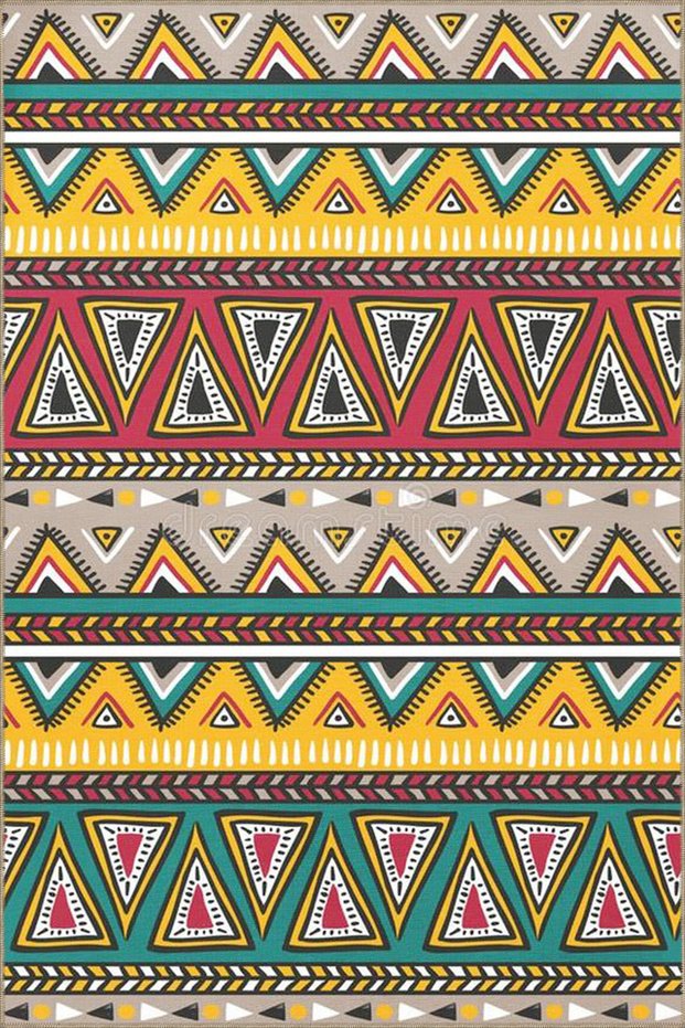 Geometric Woven Base and Decorative Carpet with Triangle in Green and Yellow Colors 4375