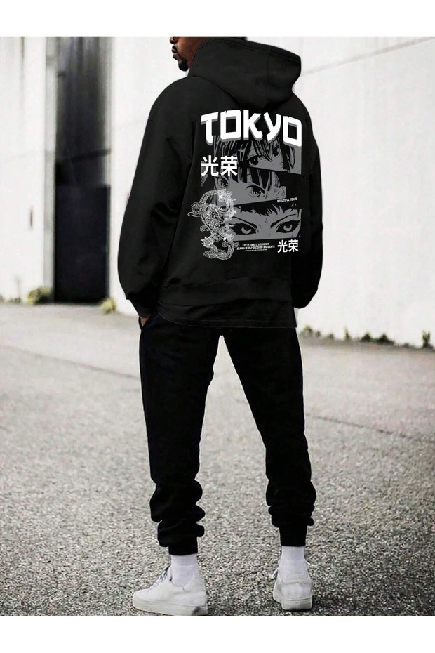 Men's Printed Oversize Tracksuit Set - Hooded Sweat Jogger Sweatpants