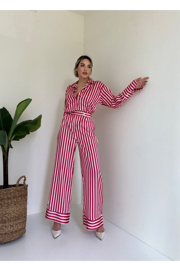Satin Striped Shirt Pants Set