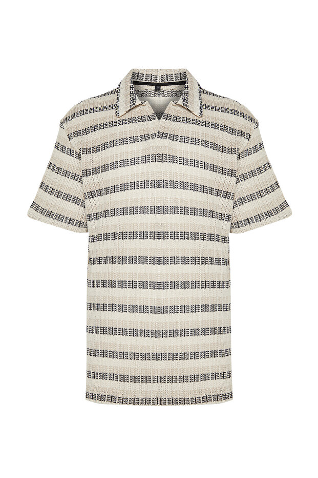 Ekru Oversize/Geniş Kesim Düşük Omuz Çizgili Polo Yaka T-shirt TMNSS24PO00023 - 7