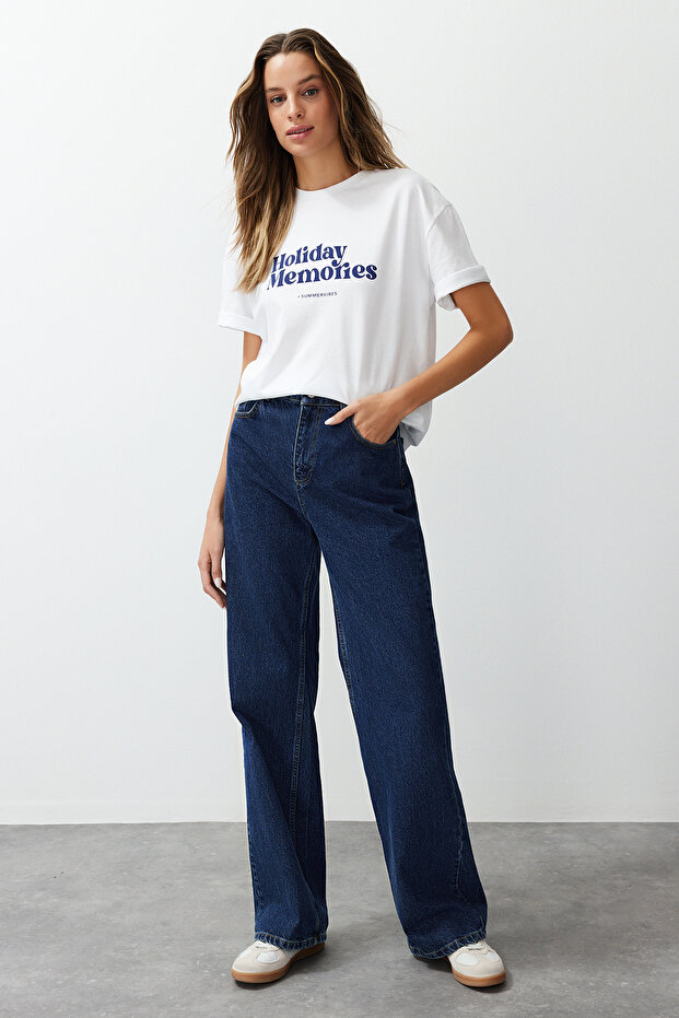 Beyaz Baskılı %100 Kalın Pamuklu Relaxed/Rahat Kesim Örme T-Shirt TWOSS24TS00178 - 2