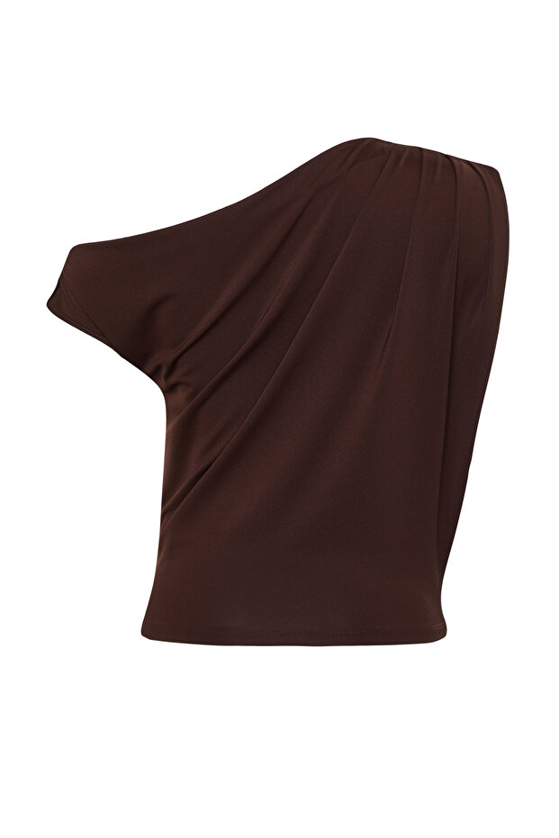 Kahverengi Regular/Normal Kalıp Asimetrik Yaka Sıfır Kol Esnek Örme Bluz TWOSS24BZ00396 - 8