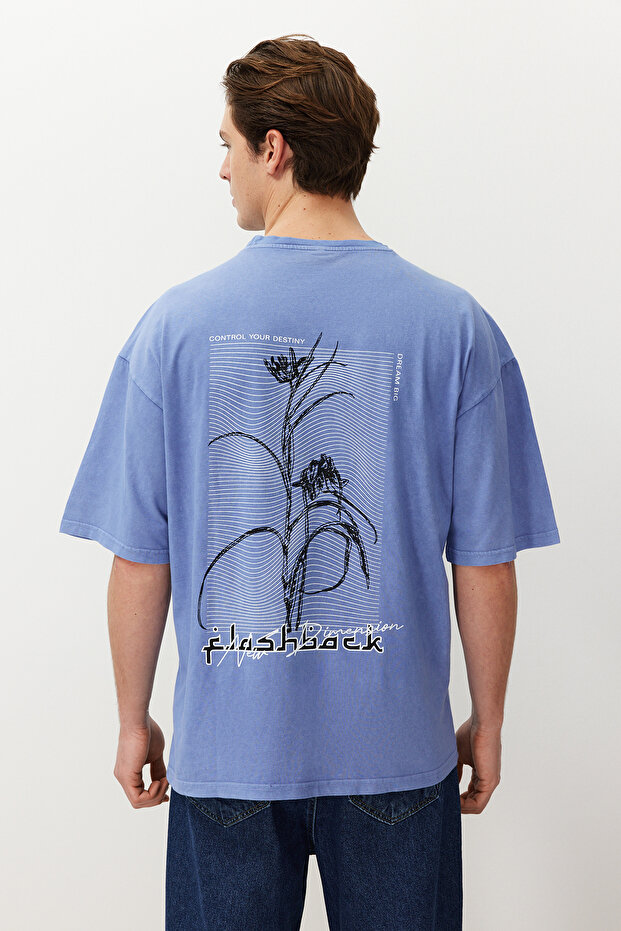 Lila Oversize/Geniş Kesim Eskitme/Soluk Efektli Tok Kumaş T-shirt TMNSS24TS00192 - 6