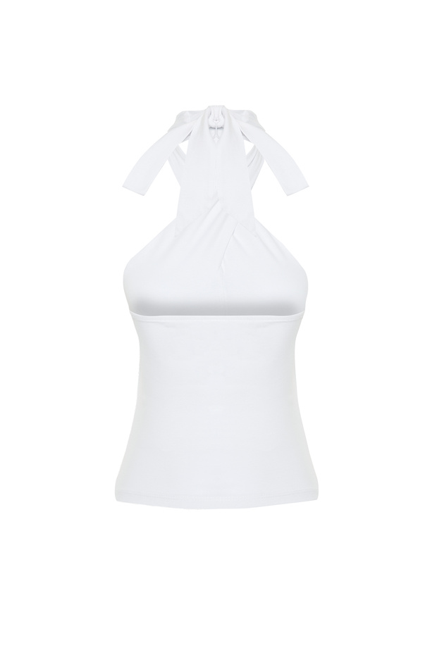 Beyaz Boyundan Bağlamalı Fitted/Vücuda Oturan Esnek Örme Bluz TWOSS24BZ00459 - 8