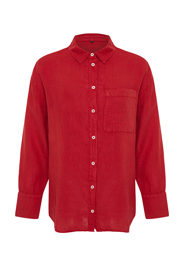 Kırmızı %100 Keten Oversize Gömlek TWOSS23GO00443 - 7