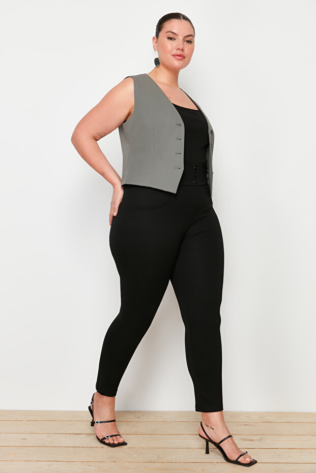 Siyah Beli Lastikli Skinny Örme Büyük Beden Pantolon TBBAW23AR00023 - 6