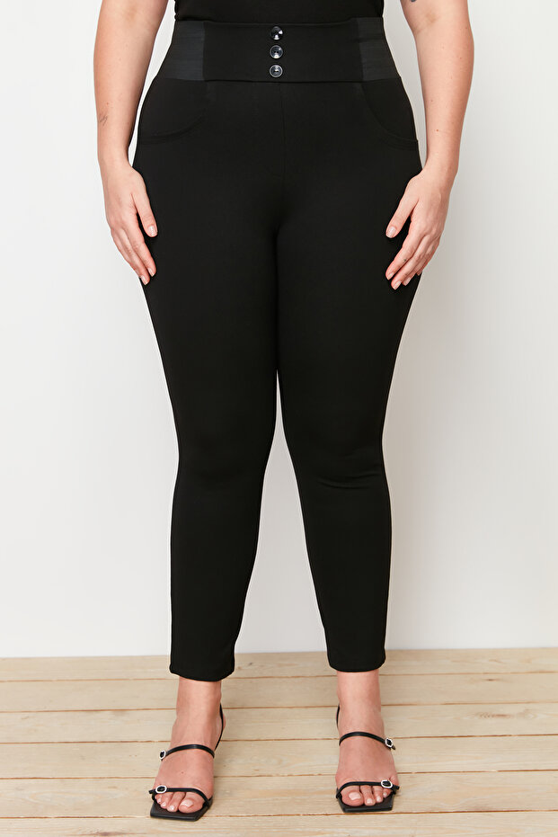 Siyah Beli Lastikli Skinny Örme Büyük Beden Pantolon TBBAW23AR00023 - 8