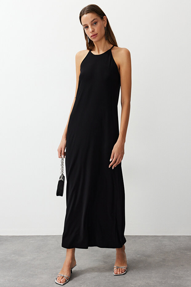 Siyah Soyut Halter Yaka A-line/Çan Açılan Esnek Maxi Örme Kalem Elbise TWOSS24EL00558 - 7
