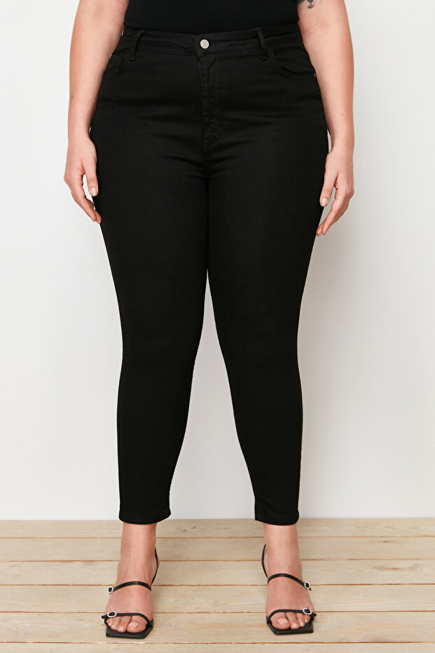 Solmayan Siyah Yüksek Bel Esnek/Stretch Büyük Beden Skinny Jeans TBBAW23CJ00061 - 4