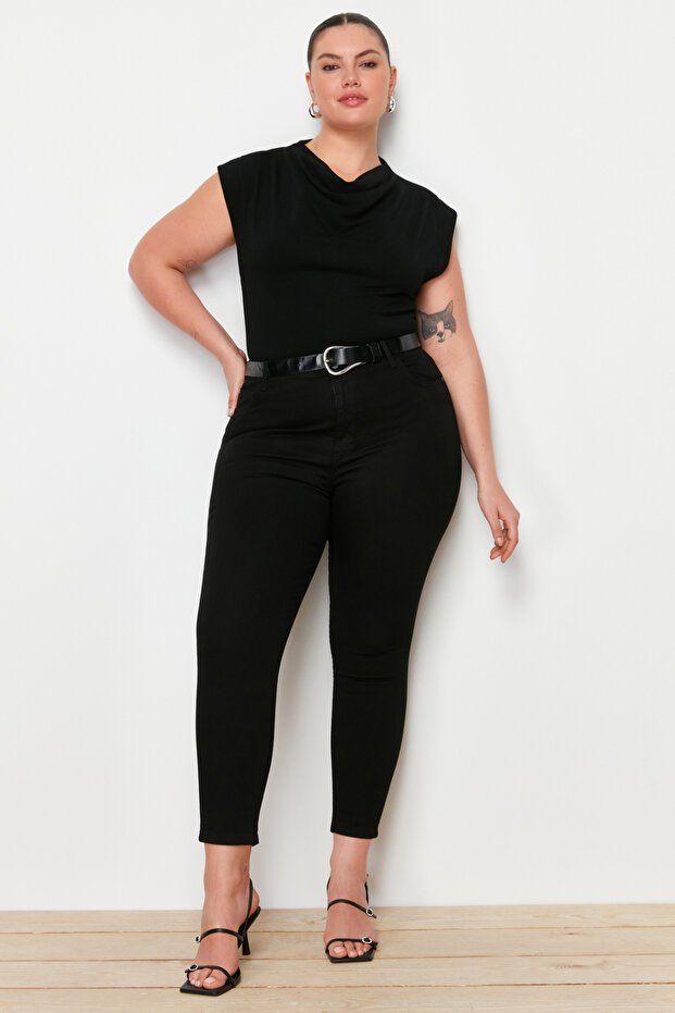 Solmayan Siyah Yüksek Bel Esnek/Stretch Büyük Beden Skinny Jeans TBBAW23CJ00061 - 1