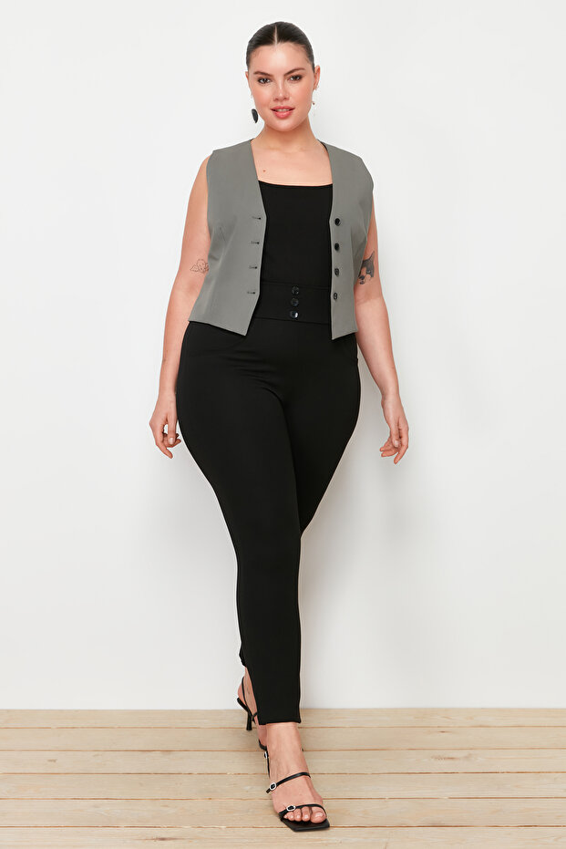 Siyah Beli Lastikli Skinny Örme Büyük Beden Pantolon TBBAW23AR00023 - 5
