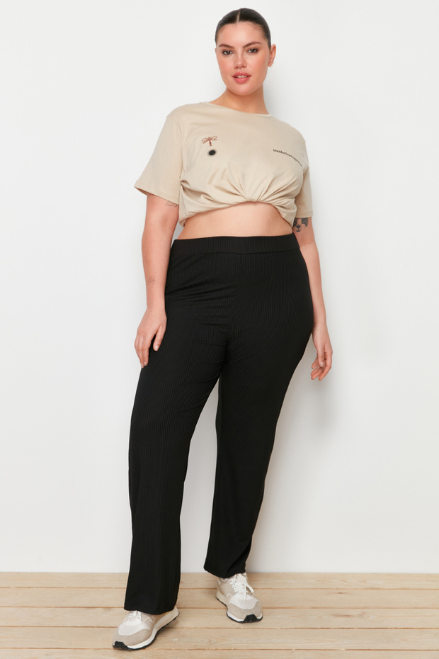 Black High Waist Wide Leg Knitted Plus Size Pants Tbbss23Ar00003