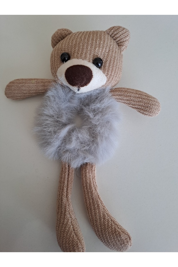 Gray Color Plush Detailed Teddy Bear Figured Bagel Buckle
