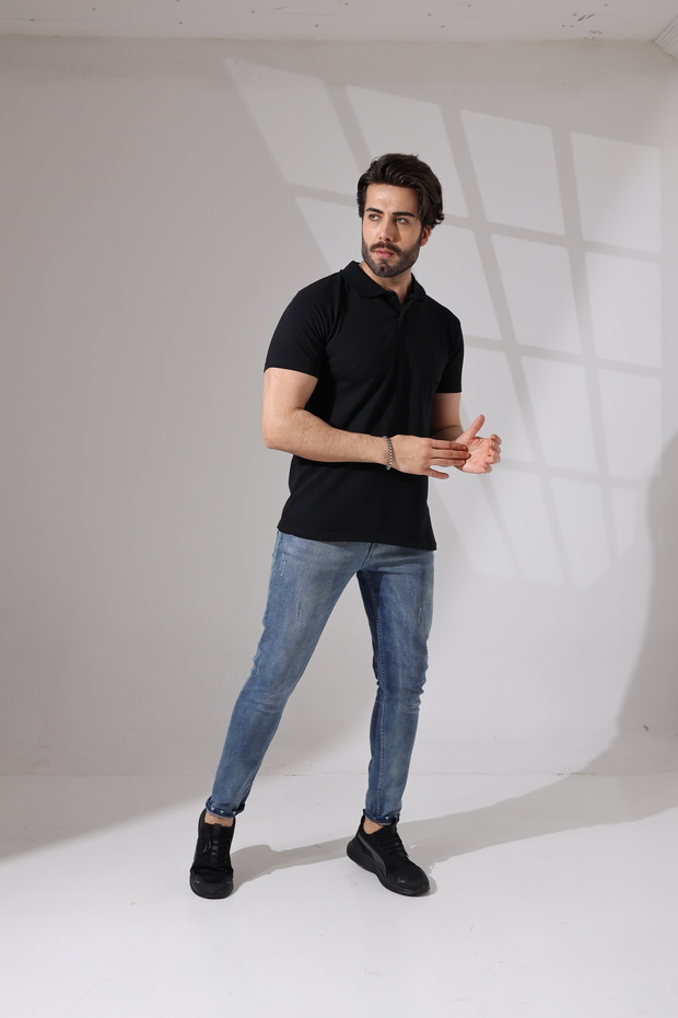 Regular Fit Men's Black Polo Neck T-shirt - Men's T-shirt - Polo Neck T-shirt Men
