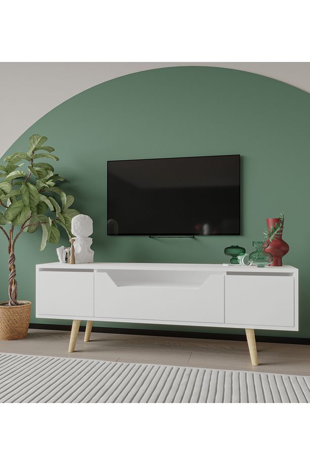 Roma Ahşap Ayaklı Tv Ünitesi Tv Sehpası Beyaz 150 Cm - 2