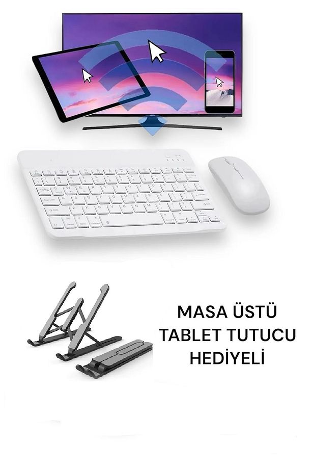 Tüm Cihazlara Uyumlu Akıllı Taşınabilir Şarj Edilebilir Kablosuz Bluetooth Klavye ve Mause Seti - 1