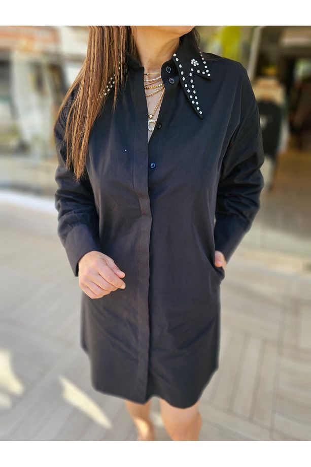 Yakası Taşlı Poplin Gömlek Elbise - 8