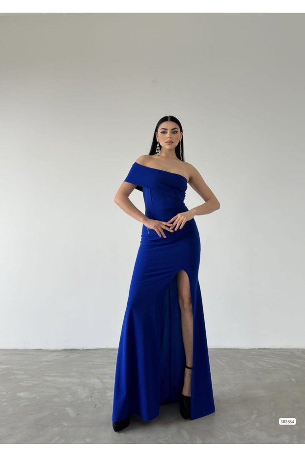 NEW SEASON ELASTIC BLUE CREPE FABRIC SLIT DETAIL LONG GOWN AND HOLIDAY DRESS582884 741