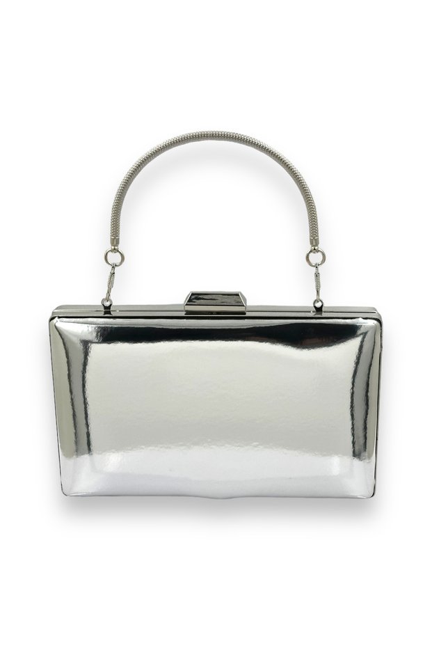 Silver Gray Lame Mirror Patent Leather Metal Handle Evening Dress Bag Evening Bag Henna Wedding Engagement Prom