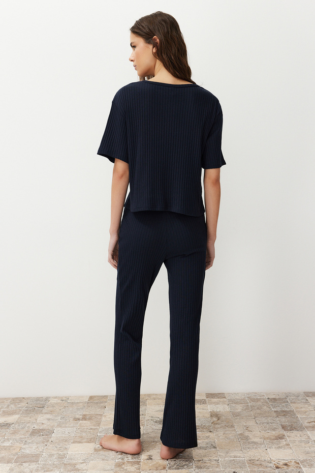 Lacivert Slogan Baskılı Lastik Detaylı Fitilli T-shirt-Pantolon Örme Pijama THMSS21PT1016 - 6