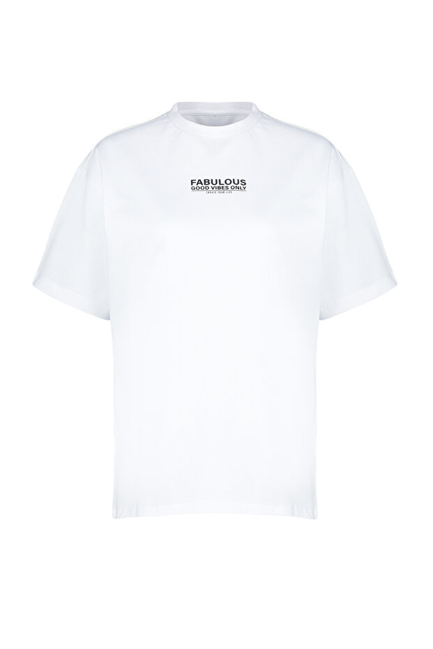 Ekru %100 Pamuk Sırt ve Ön Baskılı Oversize/Geniş Kesim Örme T-Shirt TWOSS24TS00183 - 7