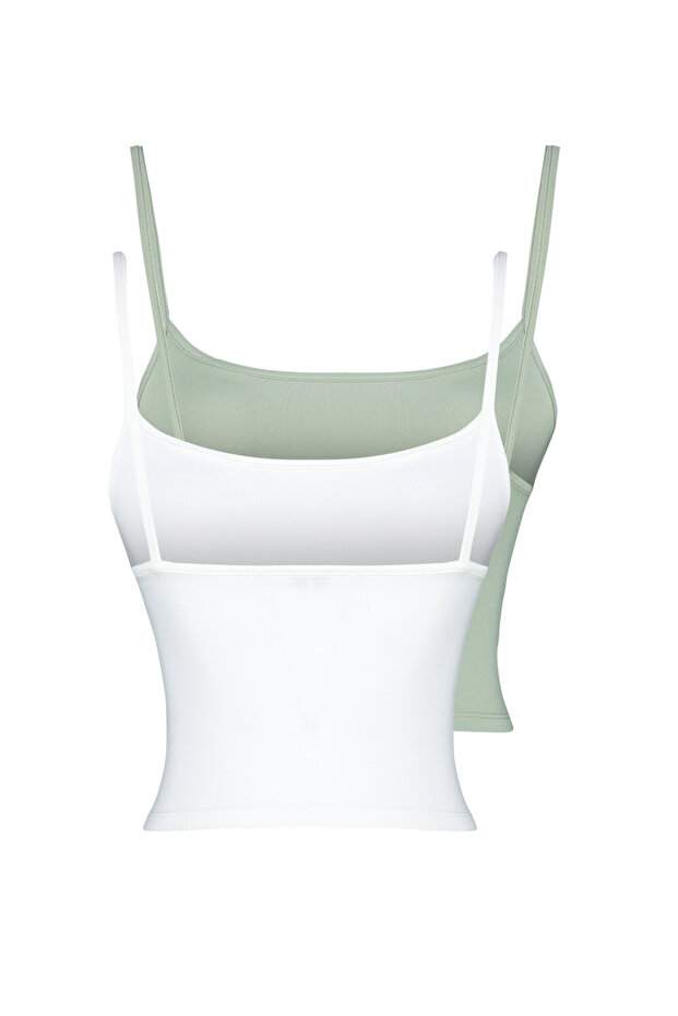 Beyaz-Yeşil 2'li Paket Poliamid İçerikli Askılı Crop Fitted Esnek Örme Atlet TWOSS24AL00053 - 7