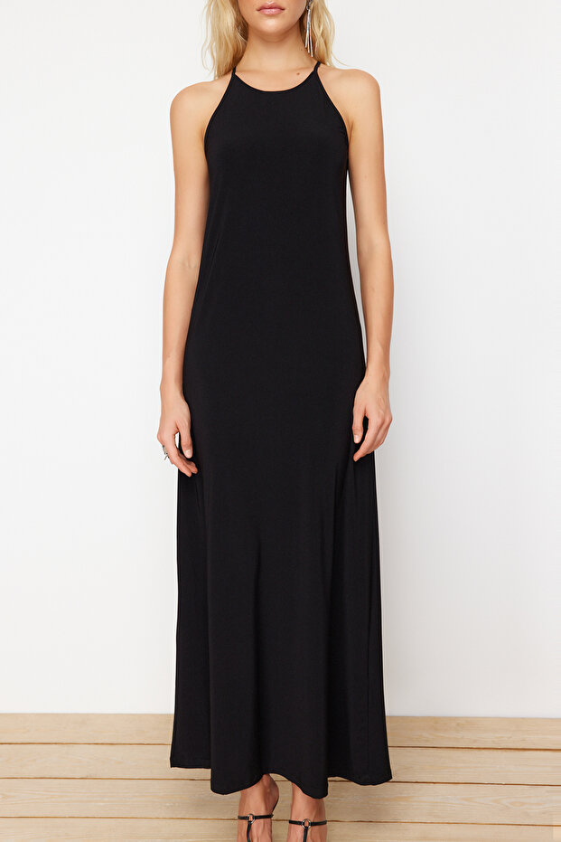 Siyah Soyut Halter Yaka A-line/Çan Açılan Esnek Maxi Örme Kalem Elbise TWOSS24EL00558 - 5