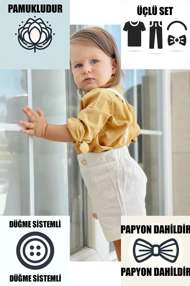 Cream Color Salopet Mustard Yellow Shirt And Bow Tie Boys Girls Holiday Gift Baby And Children's Clothing