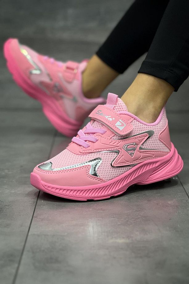 Çocuk Pembe Bağcıklı Tek Cırt Cırtlı Esnek Hafif Nefes Alabilen Unisex File Sneaker Spor Ayakkabı - 4