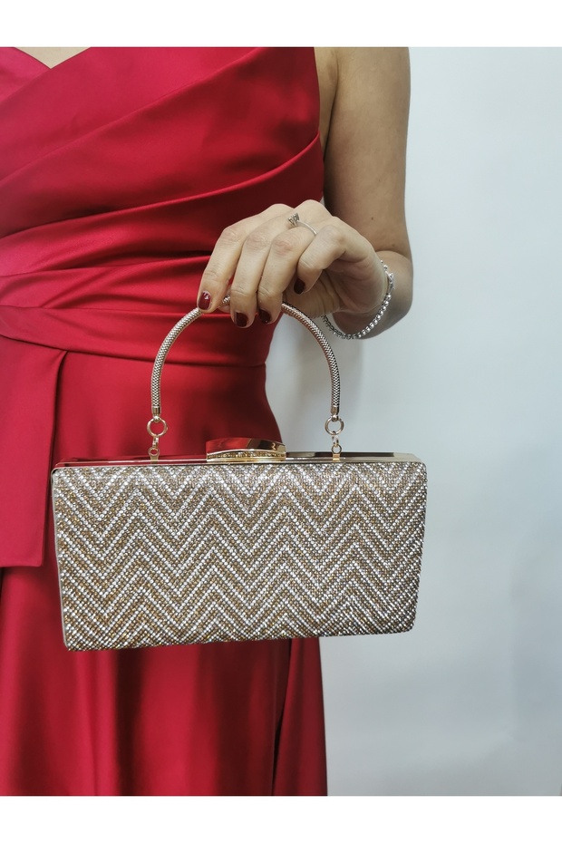 Women's Stoned Gold Evening Dress Clutch Portfolio Chain Strap Handheld Wedding Engagement Night Shoulder Bag