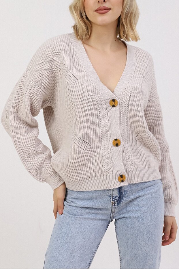 Women's Beige V-Neck Oversize Buttoned Knitwear Cardigan