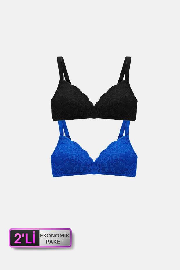 6817 Economic Pack of 2 Venice Non-Support Black - Cobalt Blue Lace Bra Set