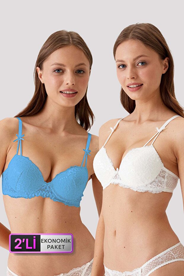 6816 Economic Pack of 2 6816 A.Blue Ecru Madrid Non-Supported Lace Bra Set