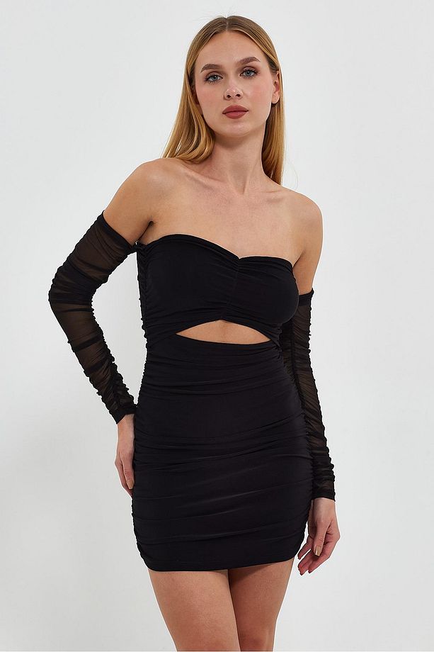 Straples Yaka Drapeli Cutout Örme Mini Elbise - 8