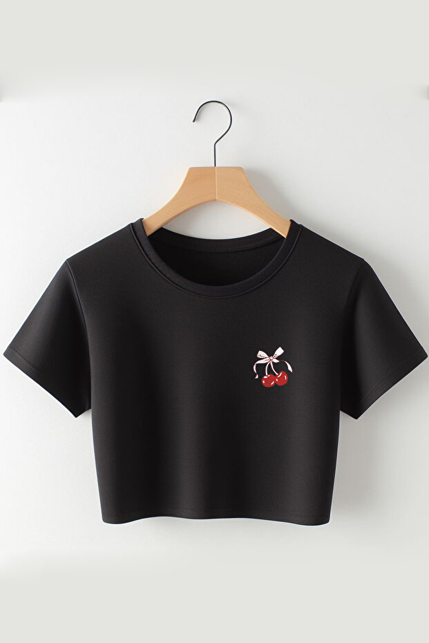 Cherry and Ribbon Printed 2024 Coquette Fashion Oversize Crew Neck Crop