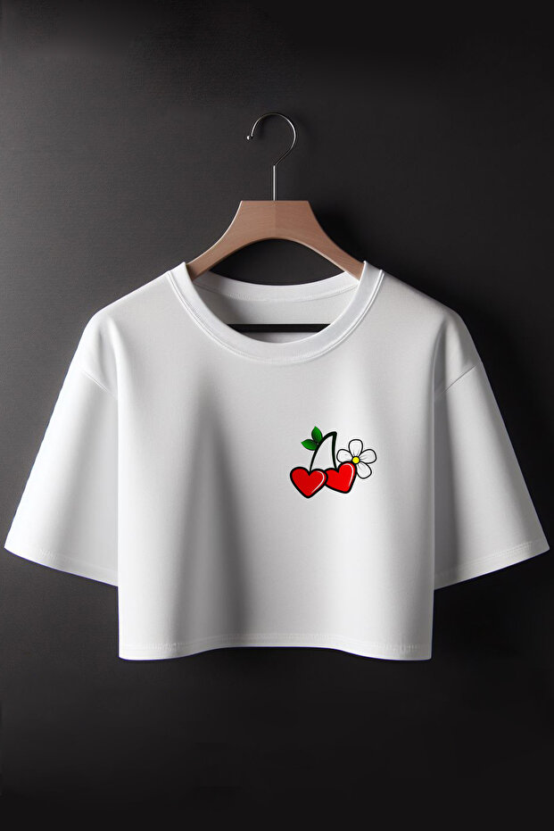 Cherry and Flower Printed 2024 Coquette Fashion Oversize Crew Neck Crop