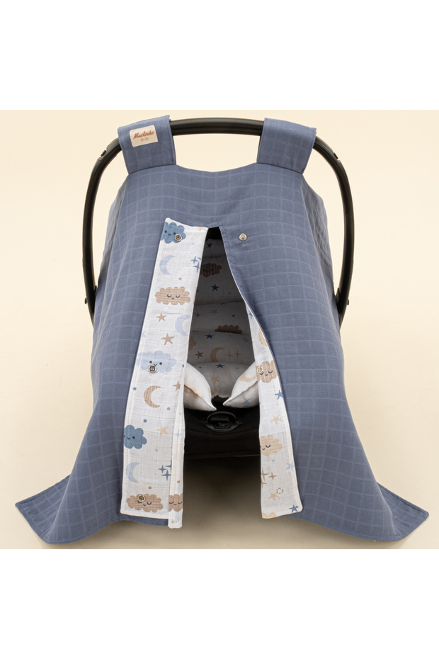 Muslin Double Sided Stroller Cover and Cushion - Indigo Muslin - Blue Cloud